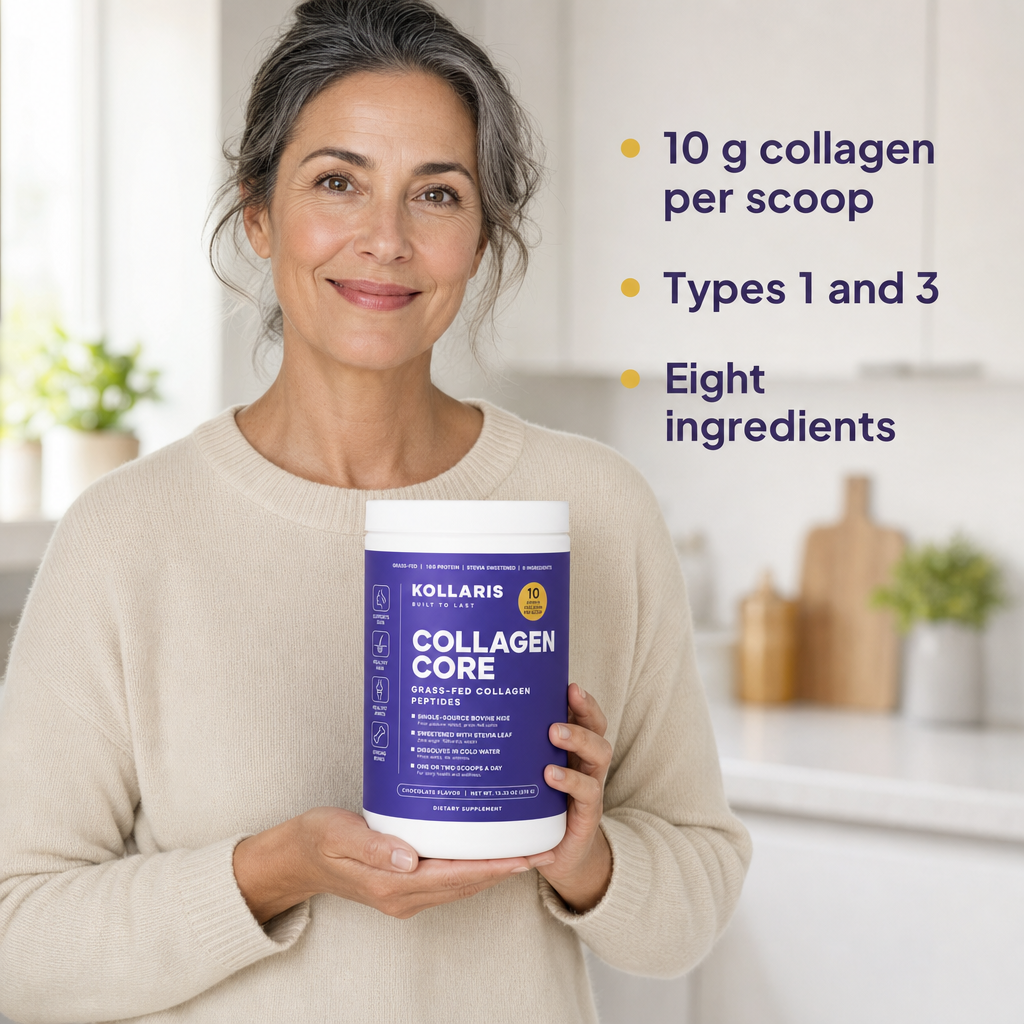 Woman holding Kollaris Collagen Core - 10 g collagen per scoop, types 1 and 3, eight ingredients