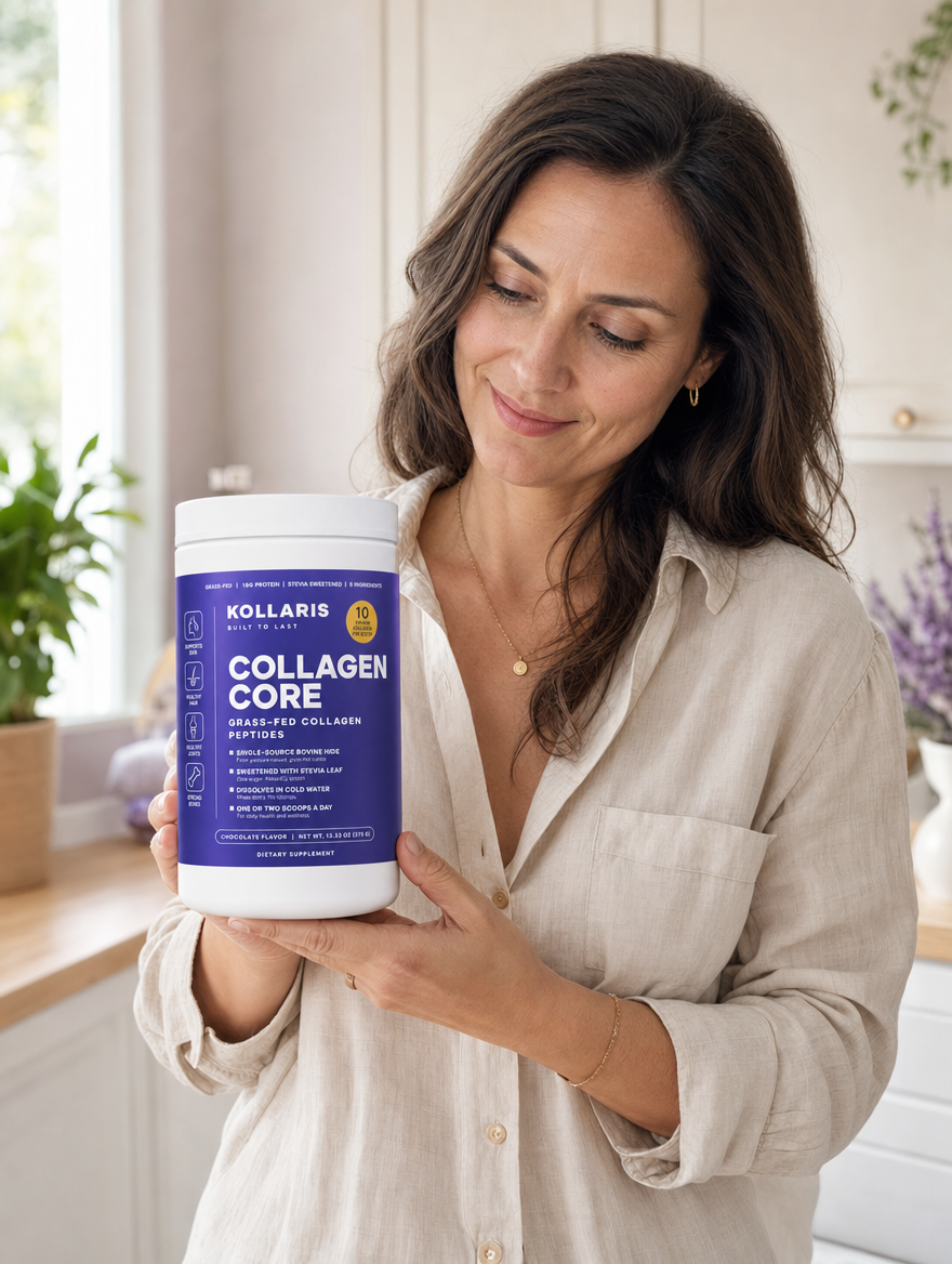Woman holding a tub of Kollaris Collagen Core in a bright kitchen