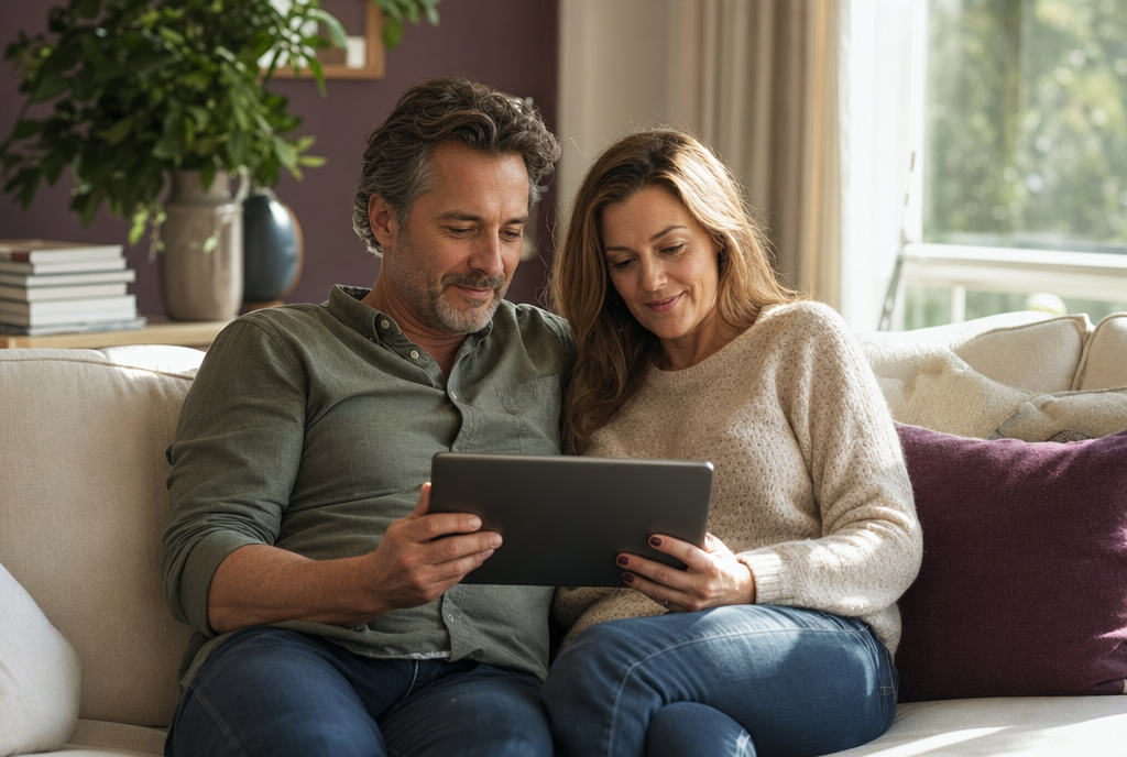 Two people at home looking at a tablet together