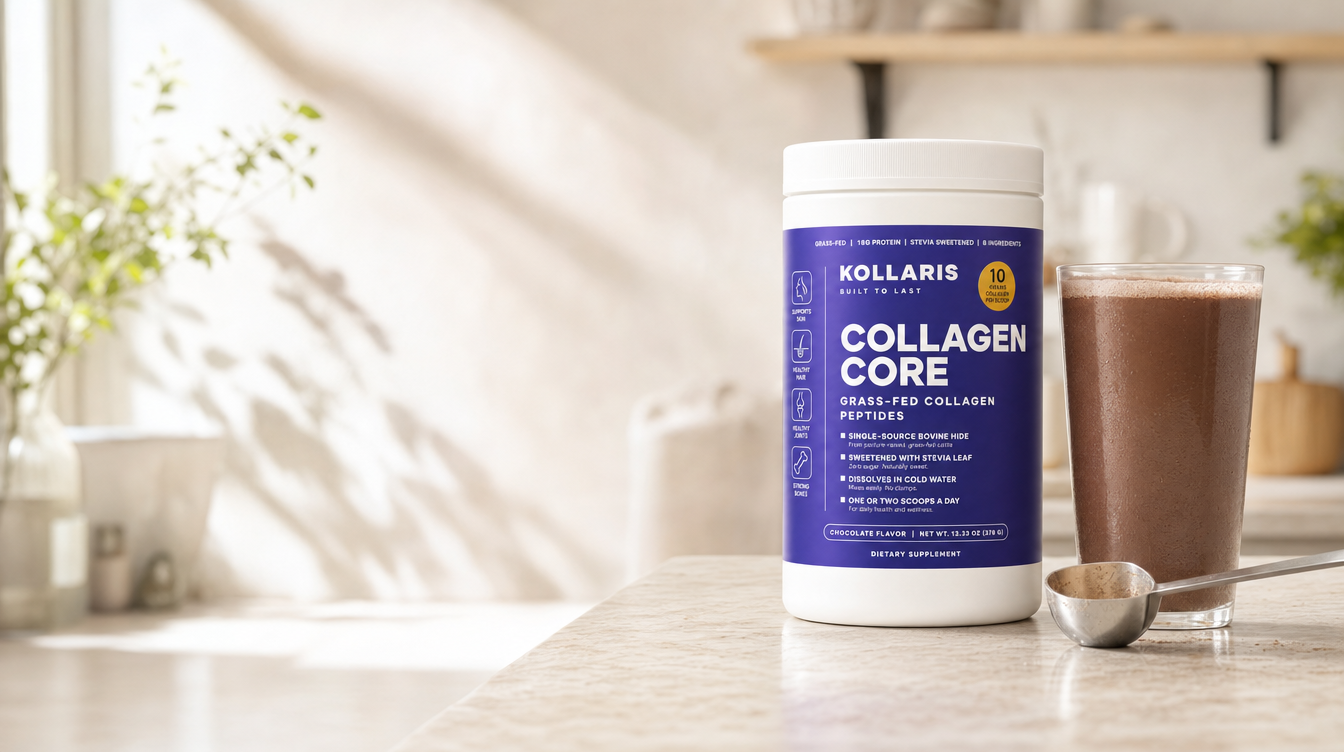 Kollaris Collagen Core tub on a sunlit kitchen counter with a glass of chocolate collagen drink