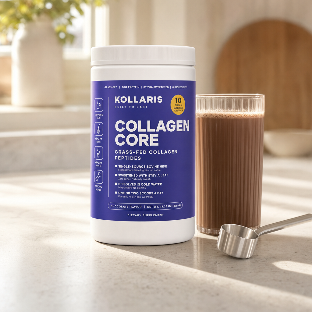 Kollaris Collagen Core tub on a kitchen counter with a glass of chocolate collagen drink