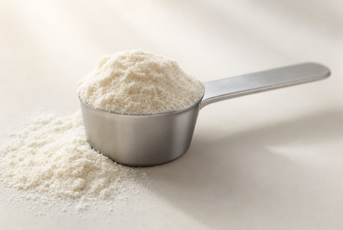 Scoop of hydrolysed collagen peptide powder