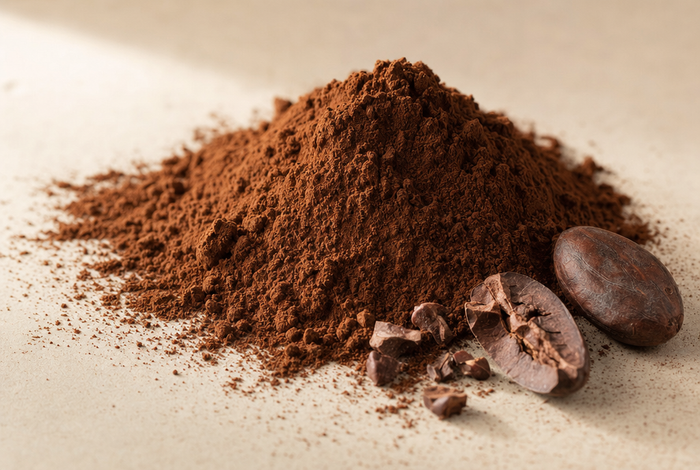 Heap of cocoa powder with cocoa nibs