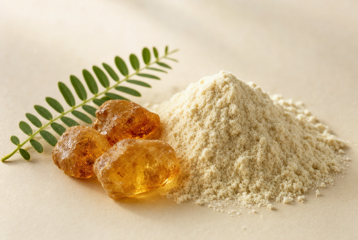 Acacia fibre powder with pieces of acacia gum resin