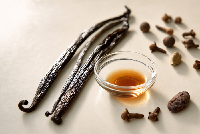 Vanilla pods and a dish of natural extract