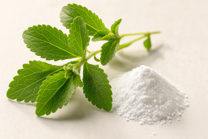 Fresh stevia leaves beside white stevia extract powder