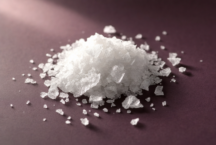 Flaky sea salt crystals on a plum surface