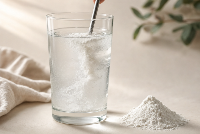 Powder dissolving into a glass of water