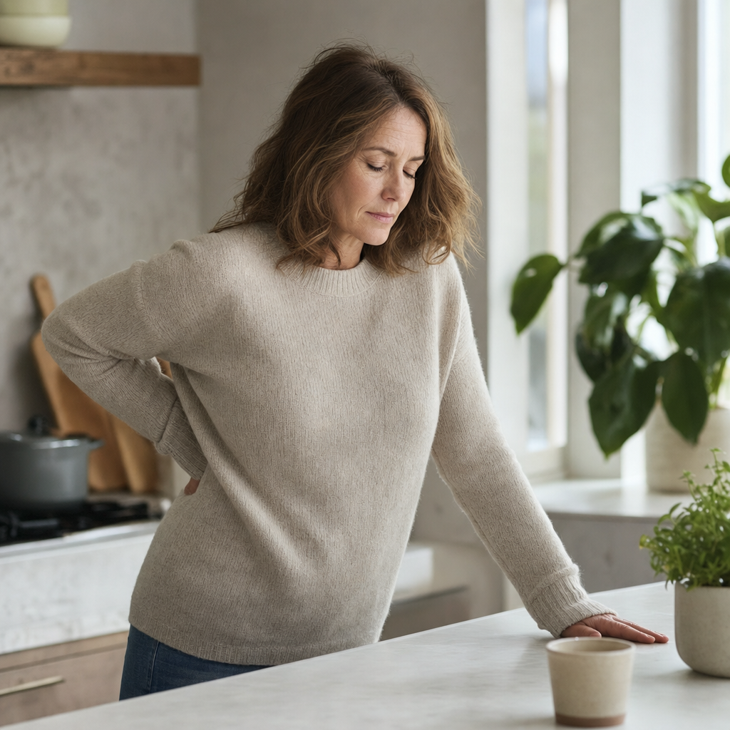 Woman pausing at a kitchen counter with a hand on her lower back