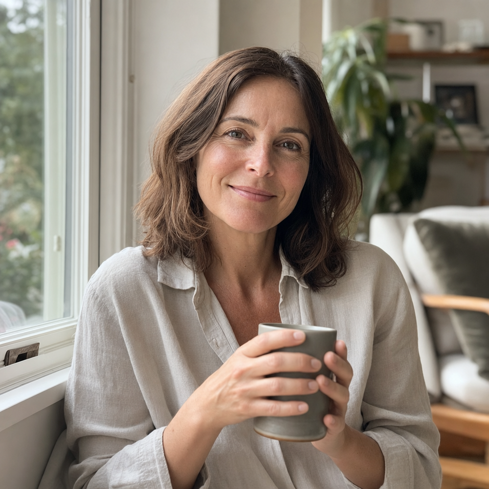 Portrait of a woman in her forties by a window holding a mug