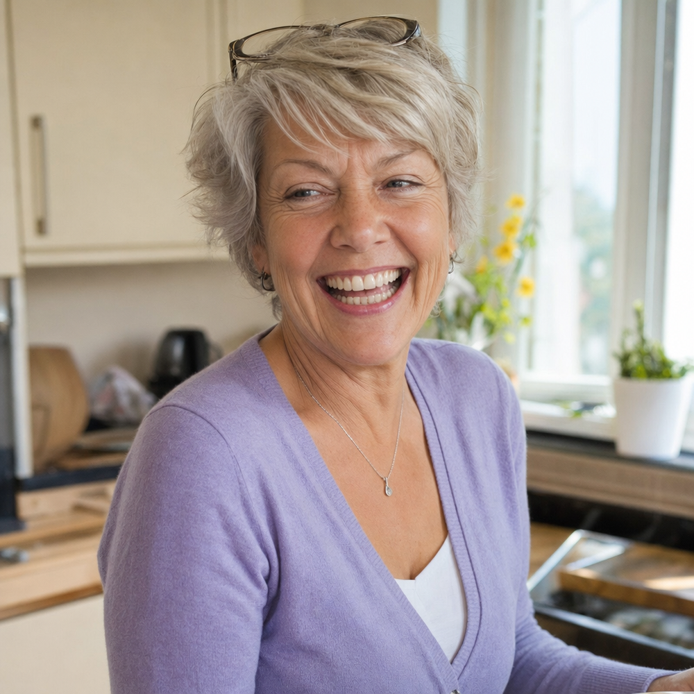 Portrait of a woman in her sixties laughing in a sunlit kitchen