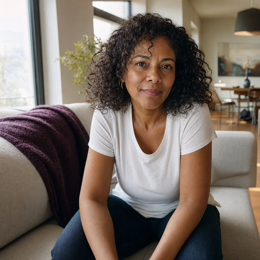 Portrait of a woman in her fifties sitting on a sofa