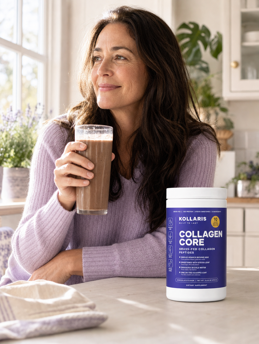 Woman at a kitchen table with a glass of chocolate collagen drink and a tub of Kollaris Collagen Core