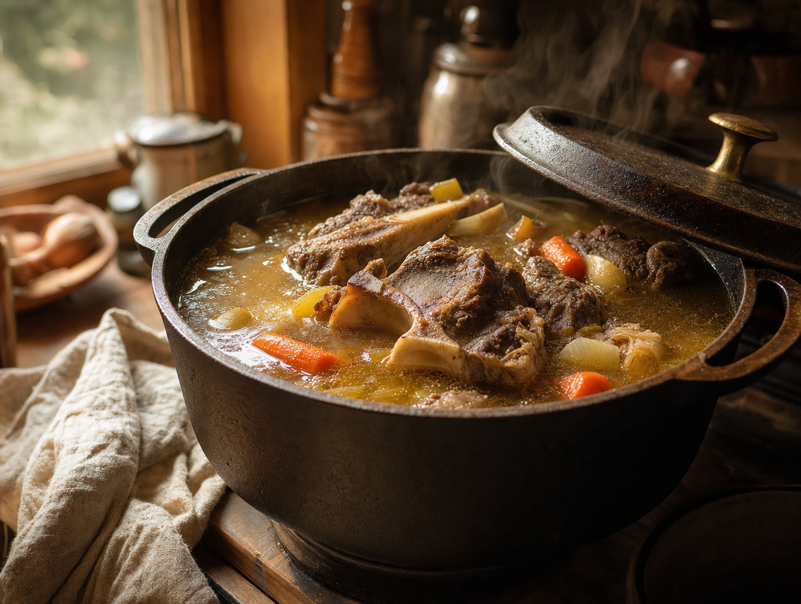 Beef bones and vegetables simmering in a stockpot on a home stove