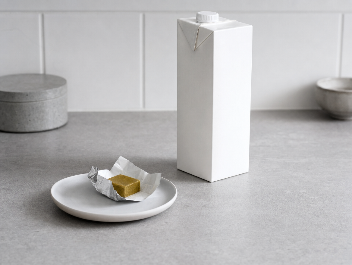 A stock cube and a carton of shop-bought stock on a modern kitchen counter
